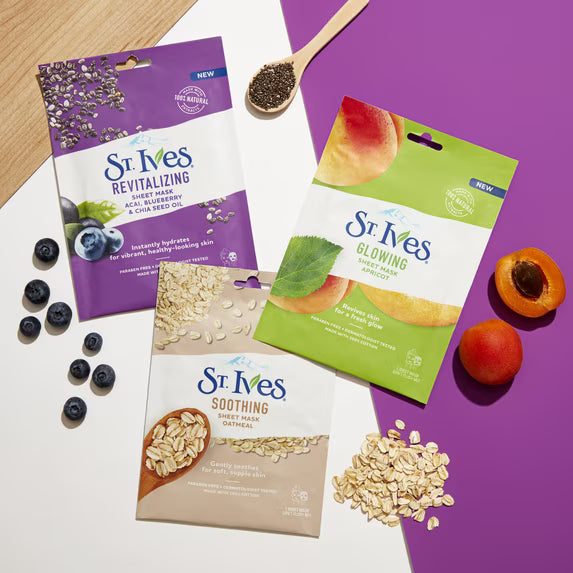 St. Ives Face Sheet Mask Assorted Set – Paraben-Free Facial Masks for Hydration,smoothing & Glowing (3 Pack)